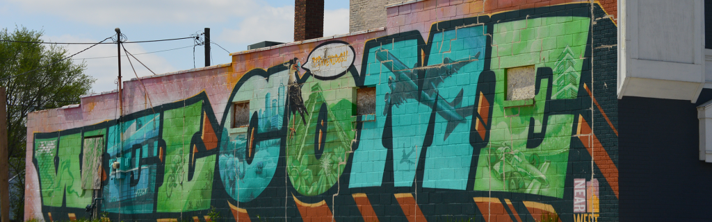 Photo of welcome mural in River West neighborhood.