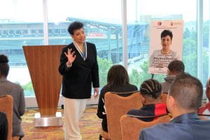 Phylicia Rashad talks with students as part of her visit to Indianapolis for the Steward Speakers Series.