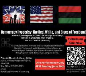 Graphic with information about Democracy Hypocrisy performance. 